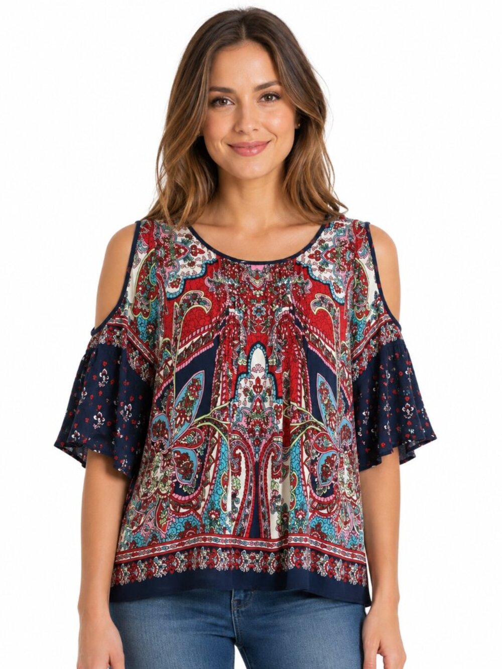Bila Women's Paisley Print Boho Style Cold Shoulder Top